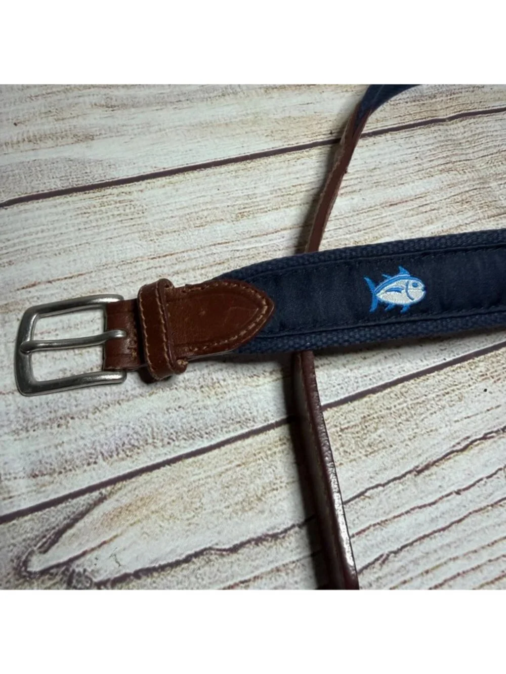 Southern Tide The Skipjack Leather Canvas Fish Logo Belt Boys Kids Size 26 Blue